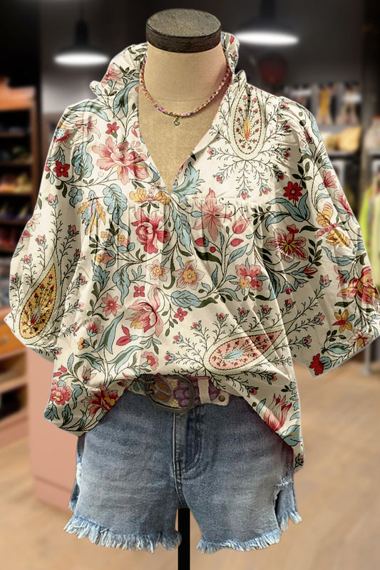 Mixed Floral Print Puff Sleeve Top