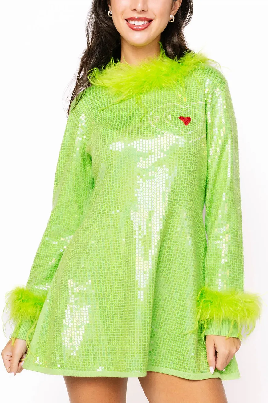 Green sequined feather trim Christmas heart-shaped dress