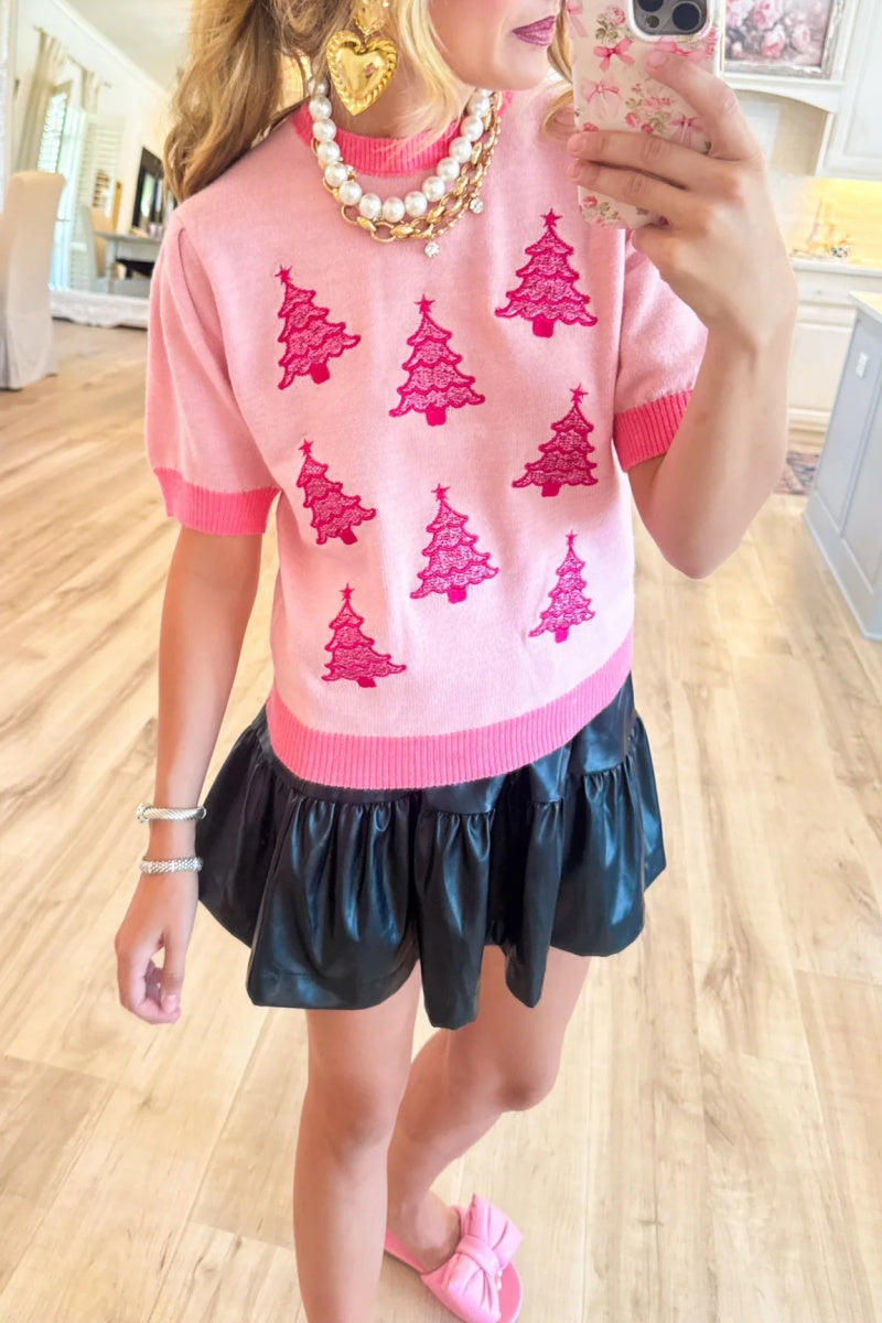 Pink Christmas Tree Short Sleeve Sweater