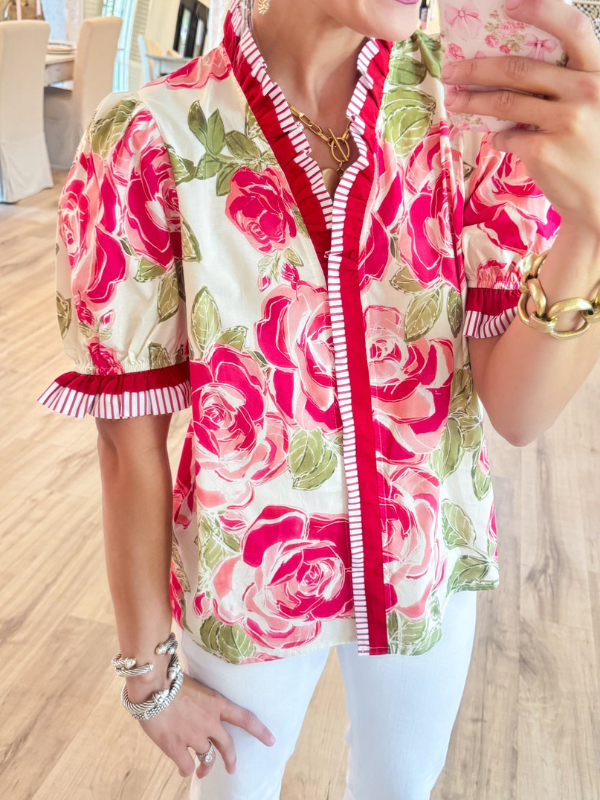 Coral Flower Print Contrast Trim Top