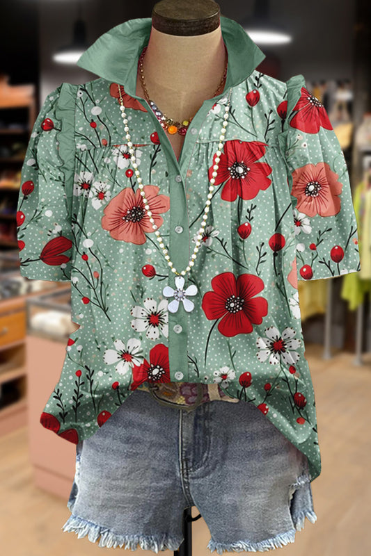 Chic Floral Print Collared Short Sleeve Top