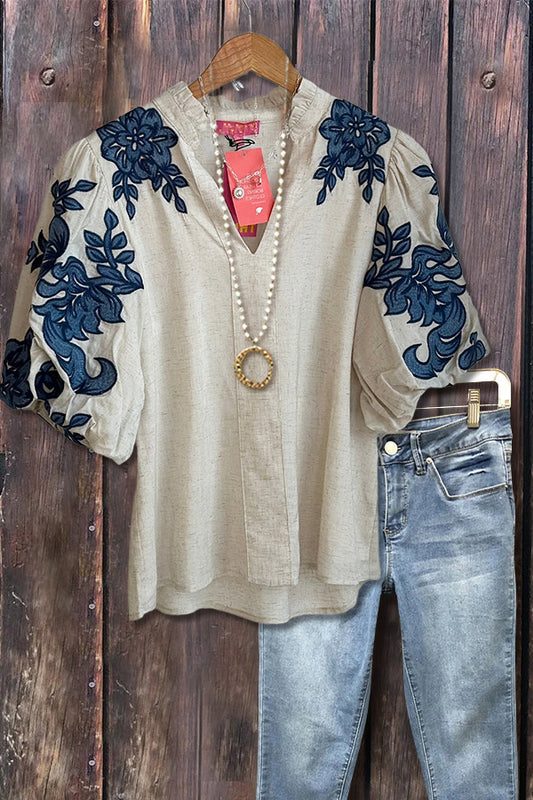 Elegant Flower Embroidered V-Neck Puff Sleeve Top