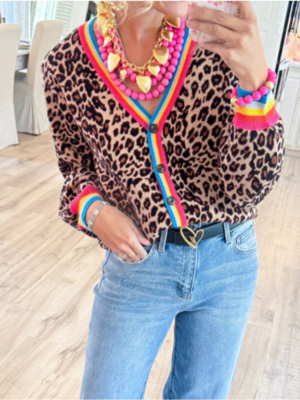 Leopard Contrast Stripe Cardigan