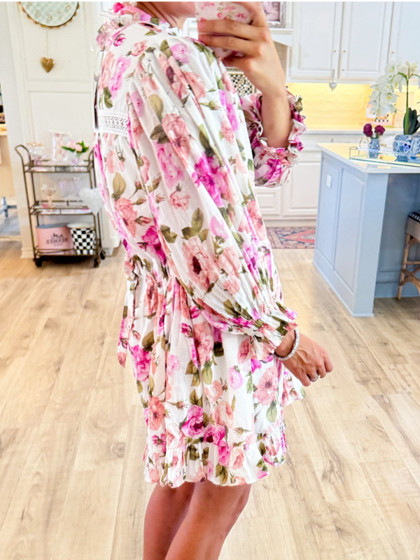 Ivory and Pink Floral 3/4 Sleeve Mini Dress
