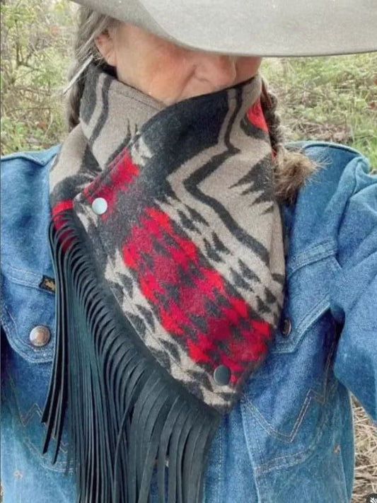 Women's Western Fringed Shawl - Black/Red Aztec Pattern