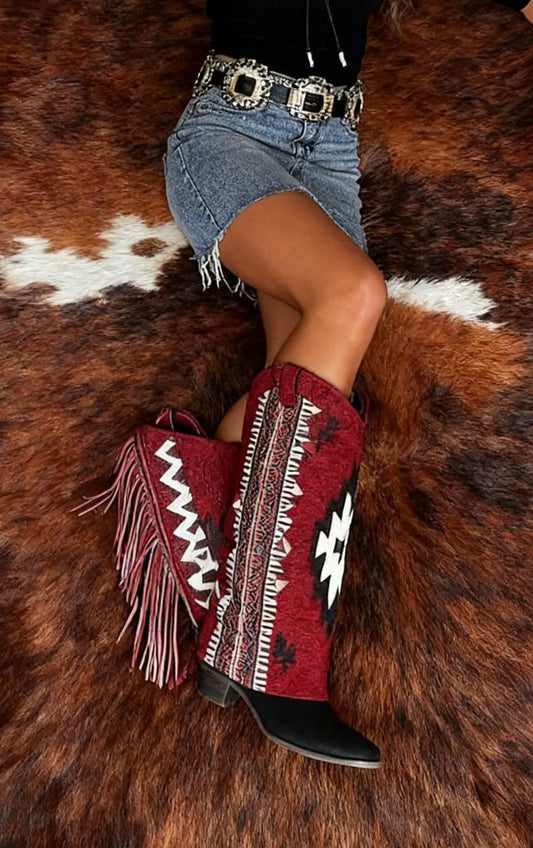 Western Aztec Print Fringe Boot Cuffs