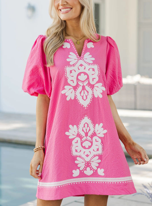 As Time Flies Fuchsia Embroidered Shift Dress