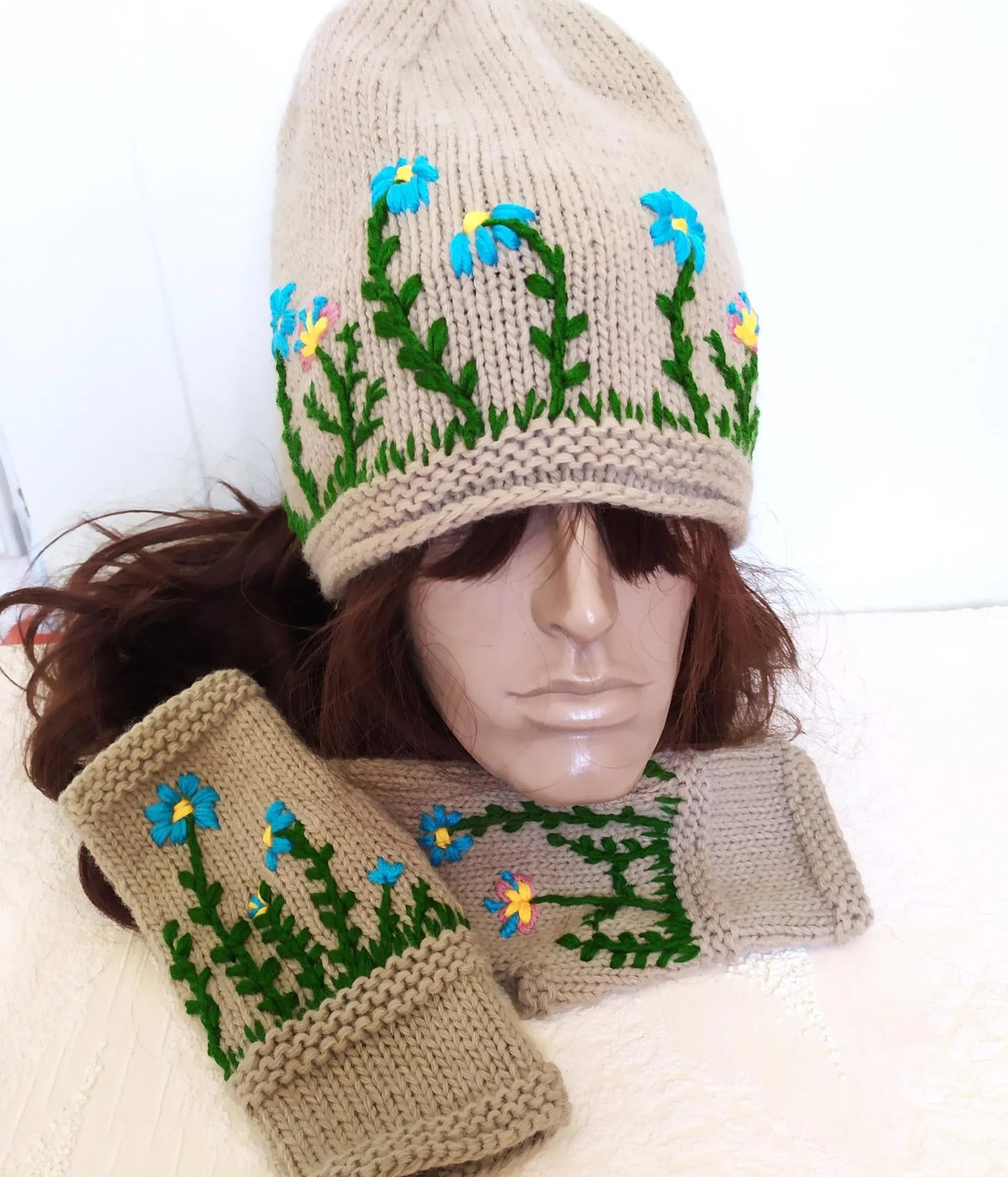 Embroidered Flower Beanie Hat + floral Fingerless Mitts Gloves Set