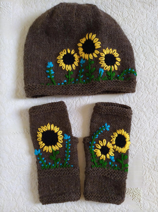 Embroidered Sunflowers Beanie Hat + floral Fingerless Mitts Gloves Set