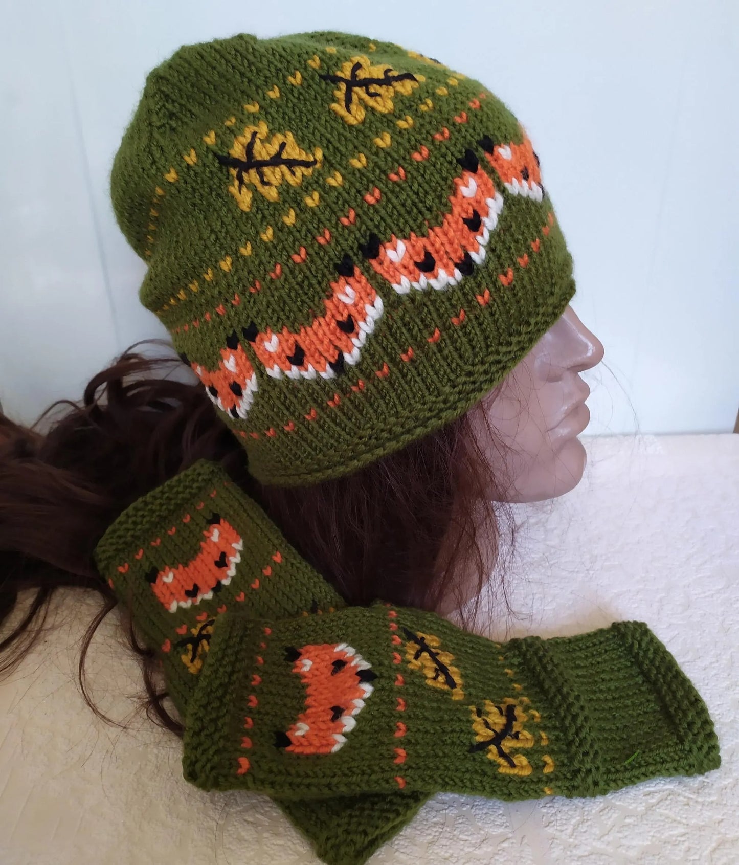 Embroidered Fox Beanie Hat + Fox Fingerless Mitts Gloves Set