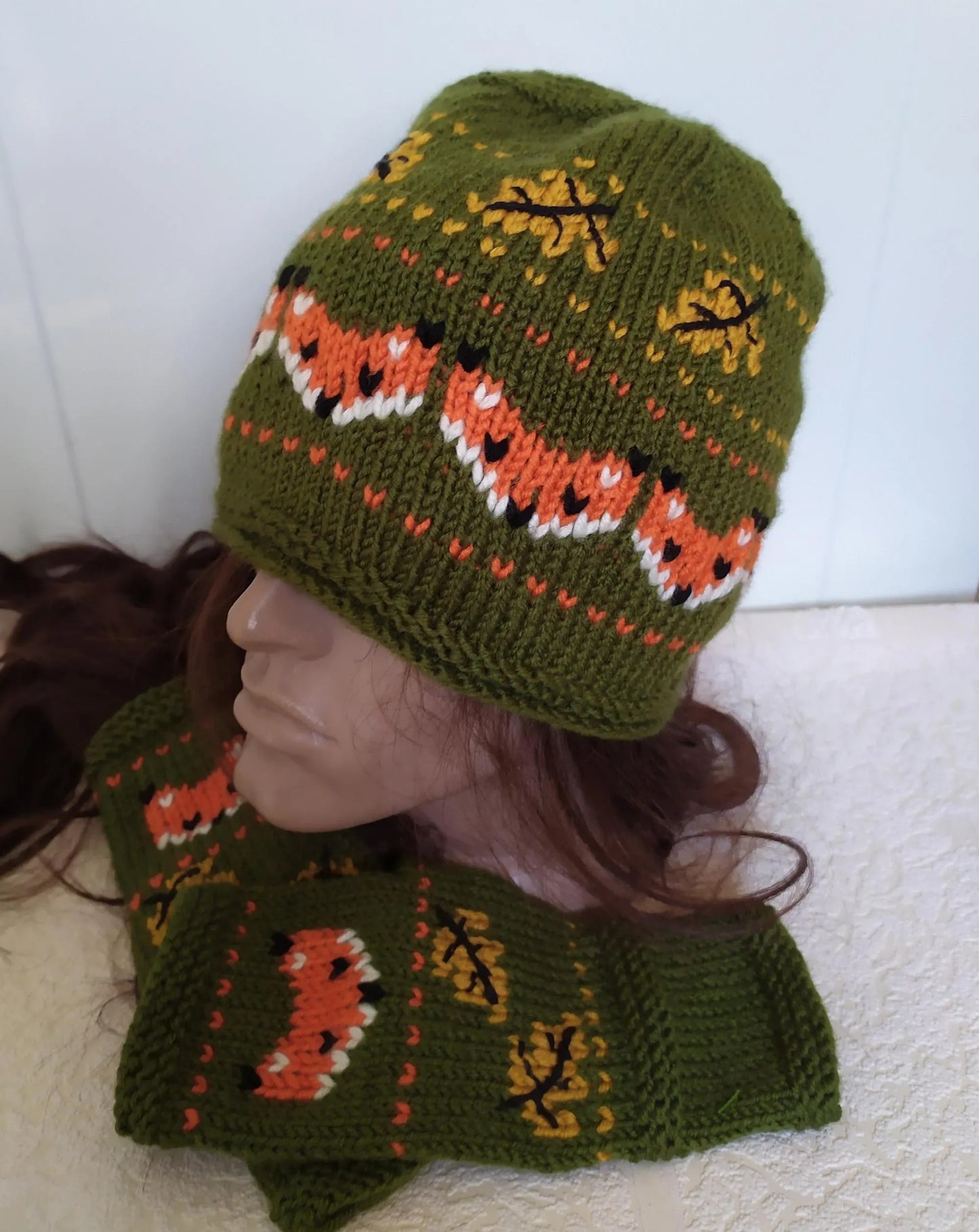 Embroidered Fox Beanie Hat + Fox Fingerless Mitts Gloves Set