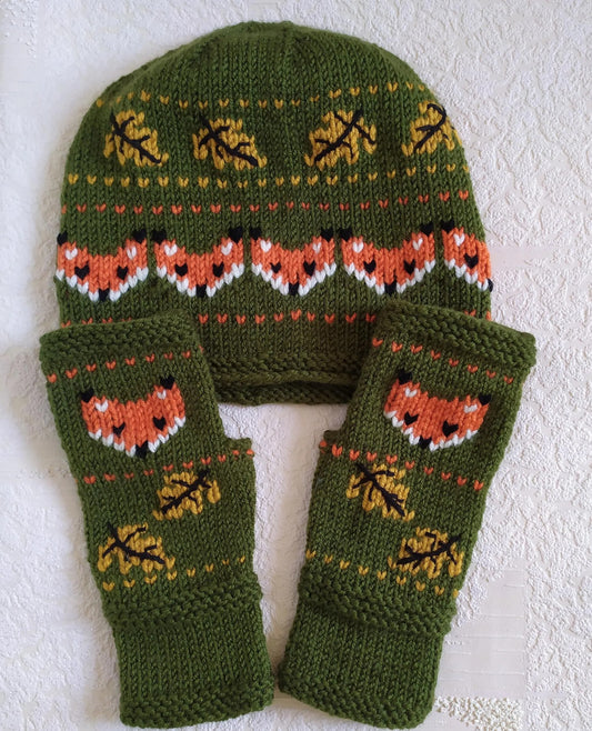 Embroidered Fox Beanie Hat + Fox Fingerless Mitts Gloves Set