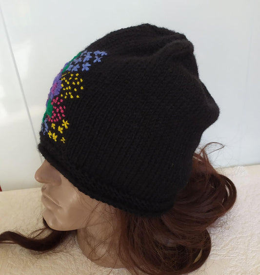 Embroidered Flower Black Beanie Hat + Fox Fingerless Mitts Gloves Set