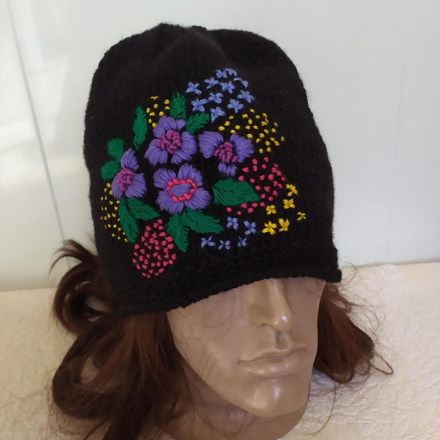 Embroidered Flower Black Beanie Hat + Fox Fingerless Mitts Gloves Set