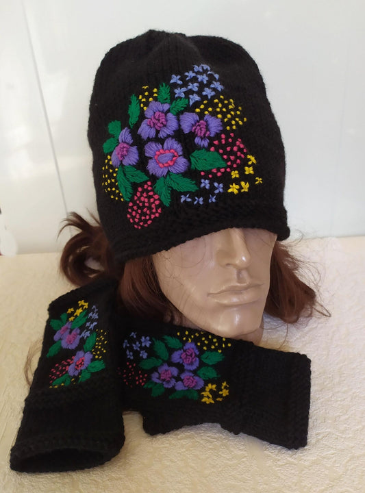 Embroidered Flower Black Beanie Hat + Fox Fingerless Mitts Gloves Set