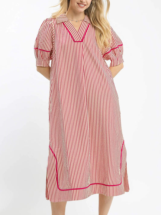 Red & White Stripe Contrast Trim Midi Dress