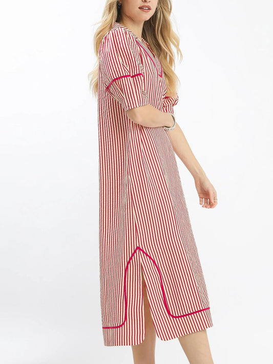 Red & White Stripe Contrast Trim Midi Dress