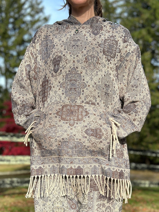 Oversized Patterned Hoodie with Fringe Trim
