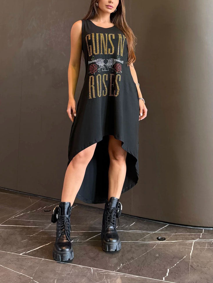 Rhinestone Studded Graphic Asymmetric Tank Dress
