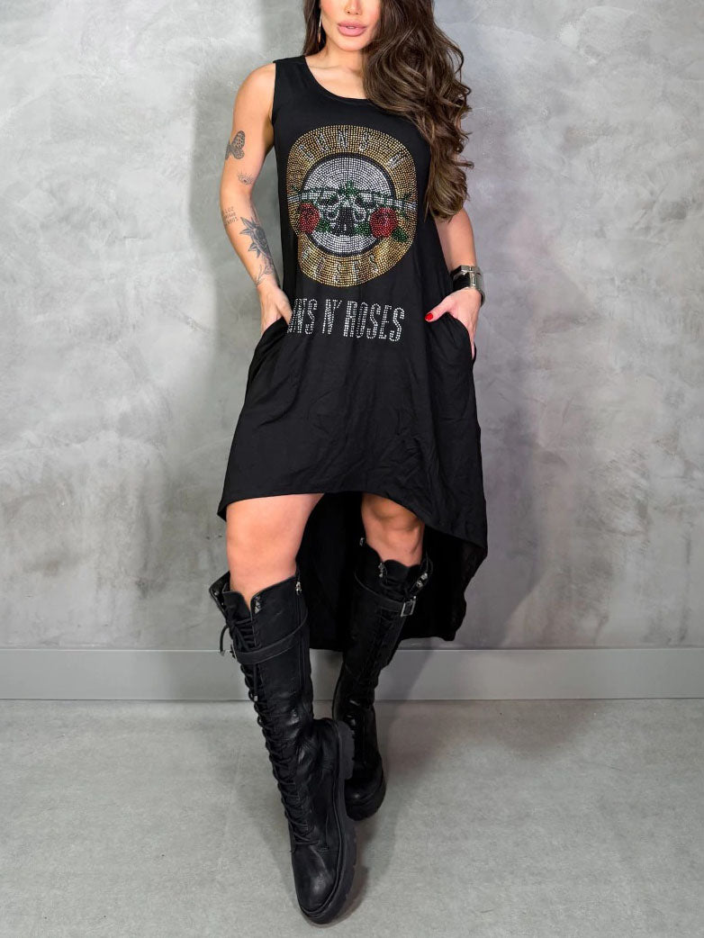 Rhinestone Studded Skull Asymmetric Tank Dress