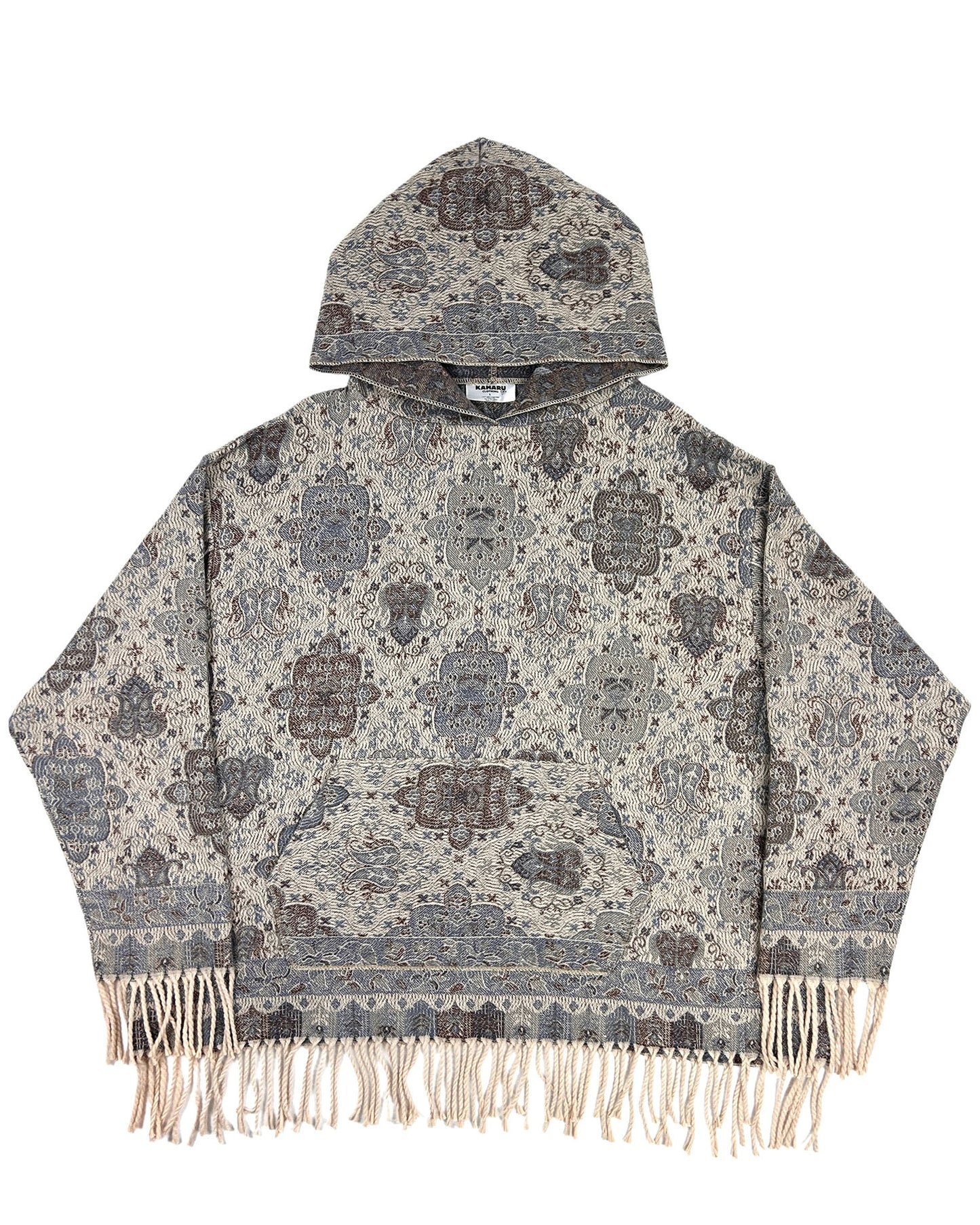 Oversized Patterned Hoodie with Fringe Trim