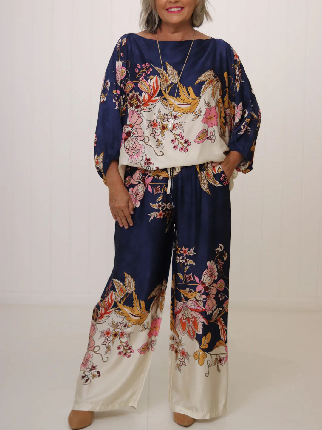 Elegant Navy Floral Silky Wide-Leg Two-Piece Set