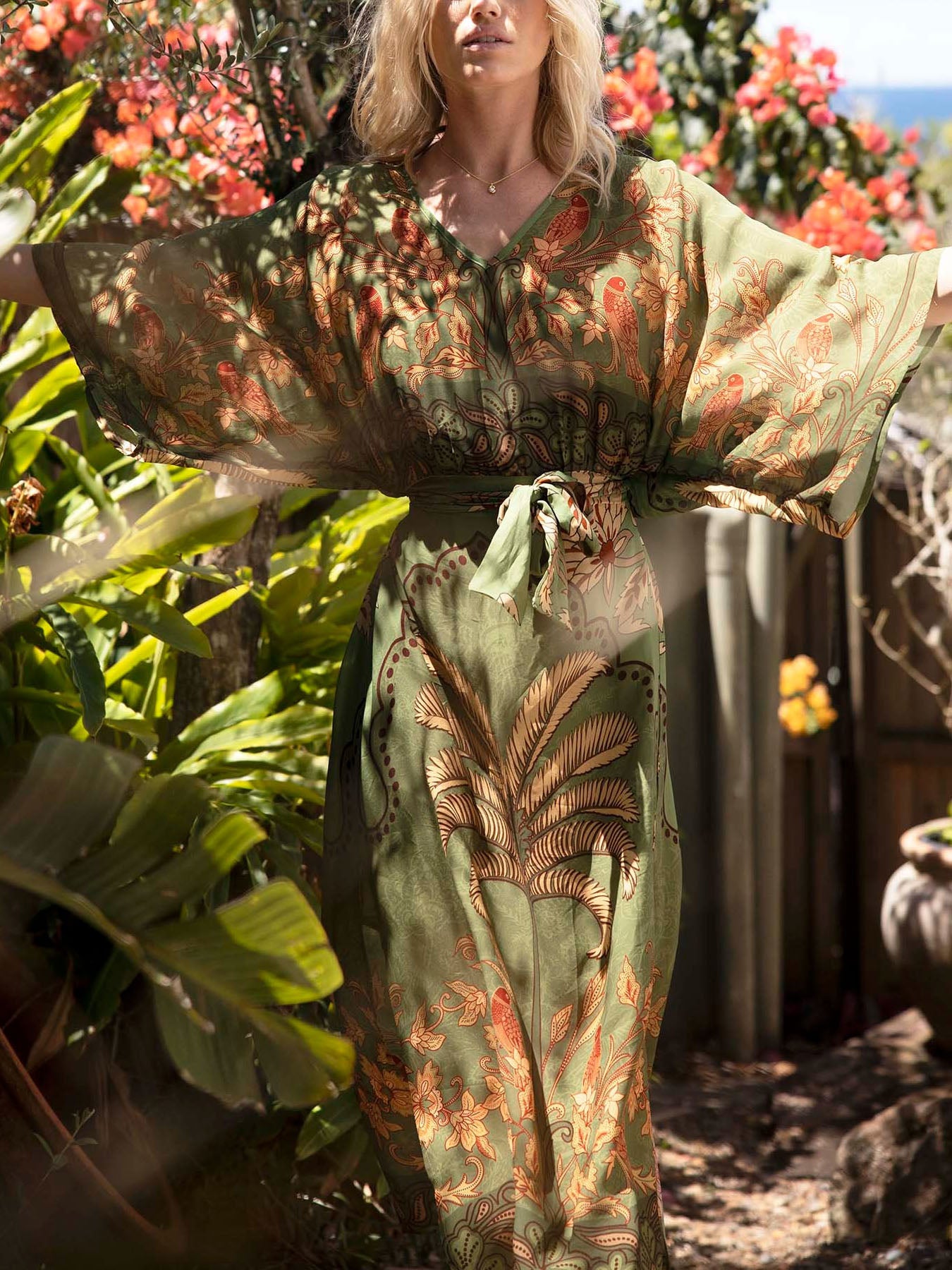 Tropical Bird & Floral Chiffon Maxi Dress