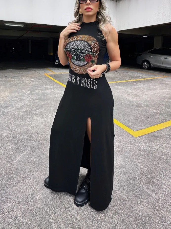 Rhinestone Studded Skull Halter Maxi Dress