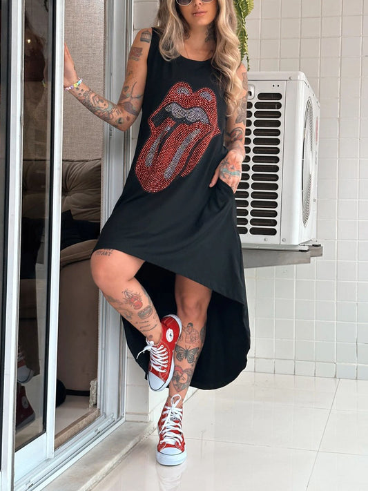 Rhinestone Studded Tongue Graphic Asymmetric Tank Dress