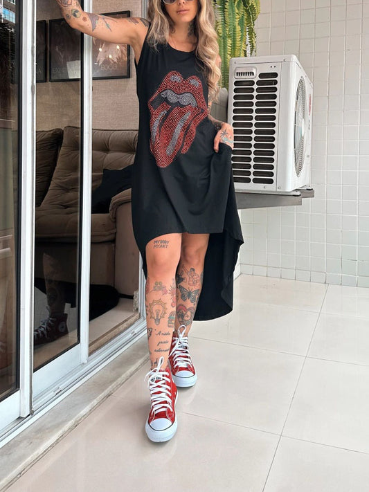 Rhinestone Studded Tongue Graphic Asymmetric Tank Dress