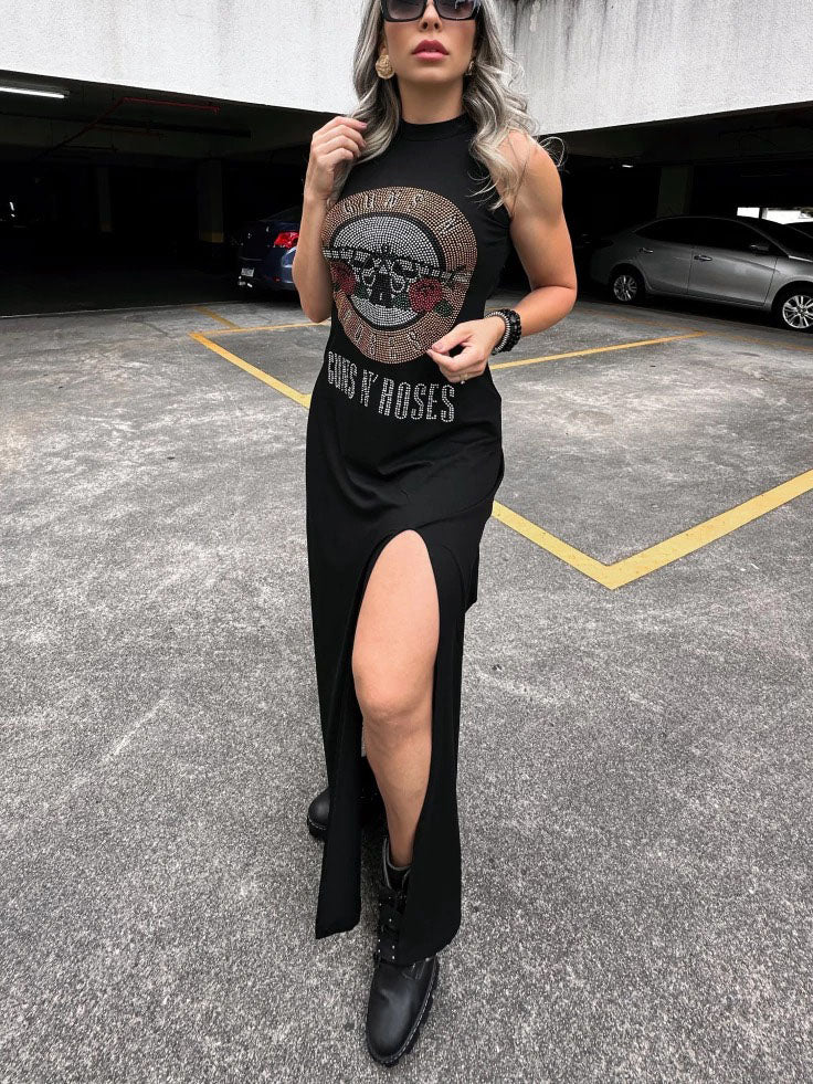 Rhinestone Studded Skull Halter Maxi Dress