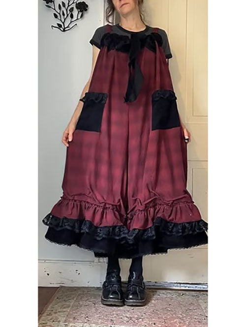 Red Plaid Flannel Roses and Bows Neckline Babydoll Overalls