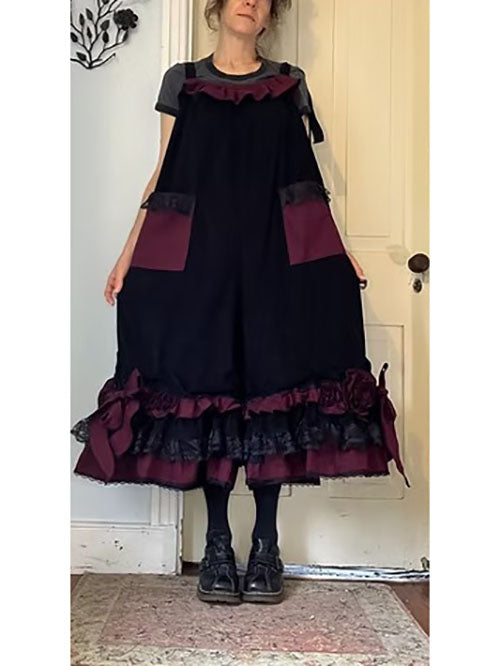 Black Velvety Corduroy/Red Bows and Roses Babydoll Overalls