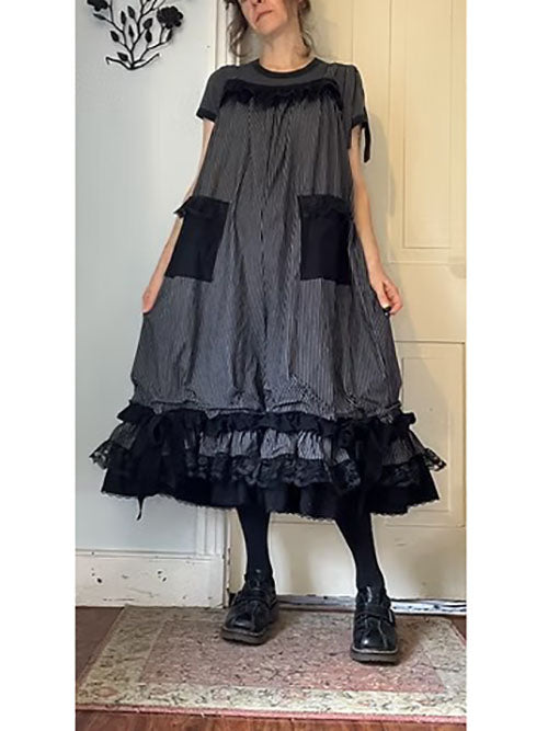 Black Pinstripe Ruffly Bowtie Babydoll Overalls