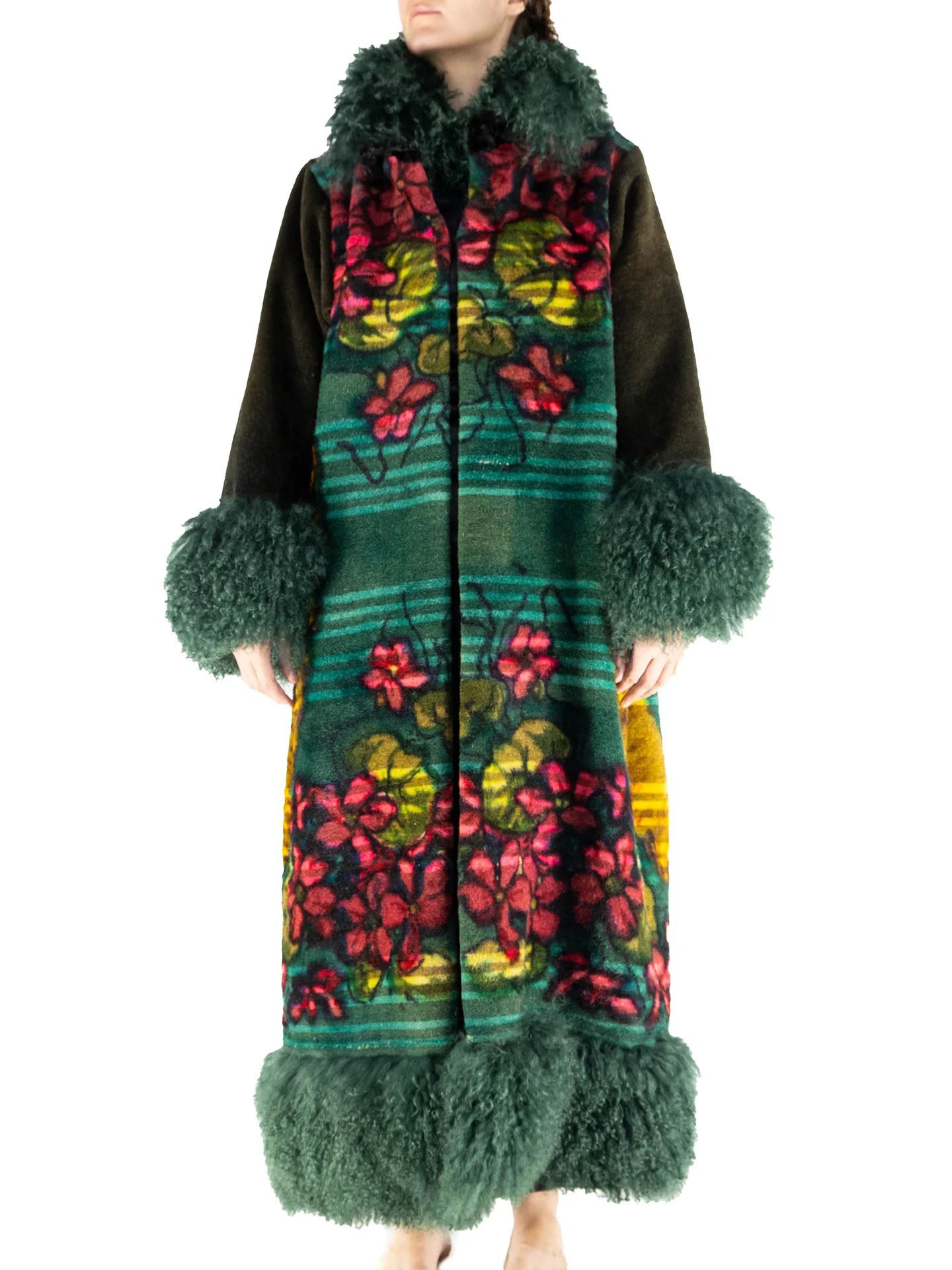 Vintage Faux Fur-Trimmed Patterned Maxi Coat