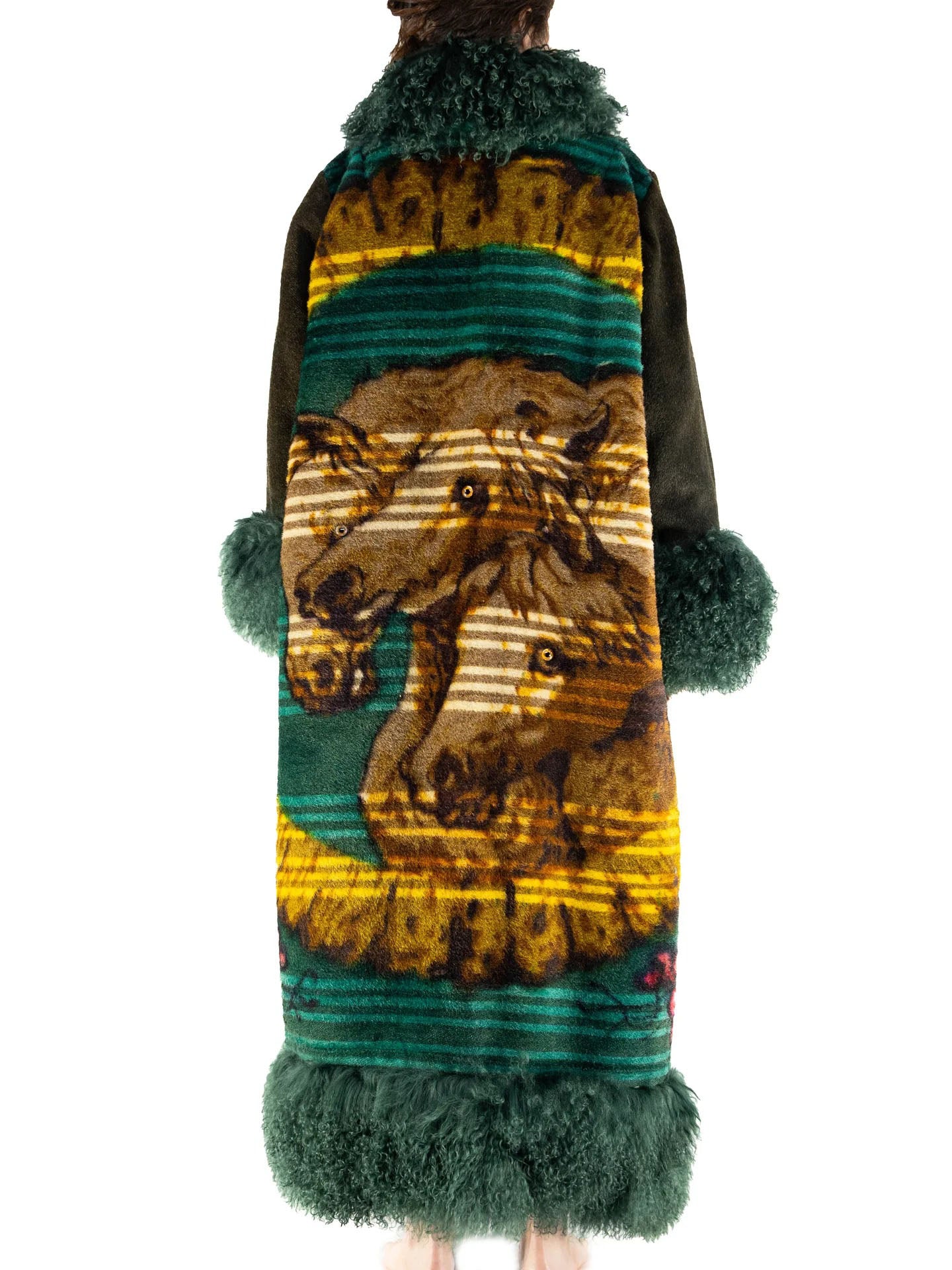 Vintage Faux Fur-Trimmed Patterned Maxi Coat