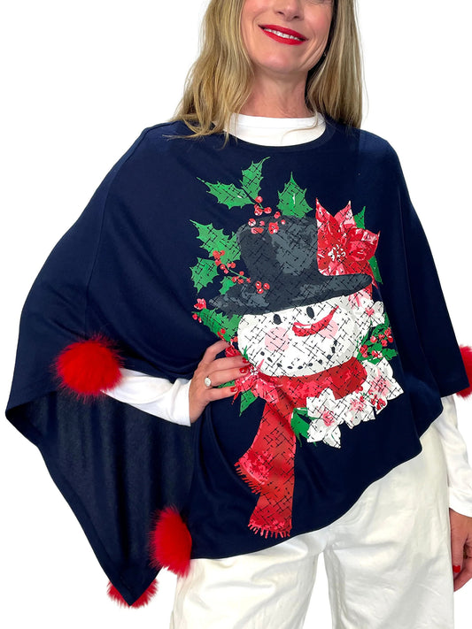 Snowman with Pointsettias Poncho T-Shirt