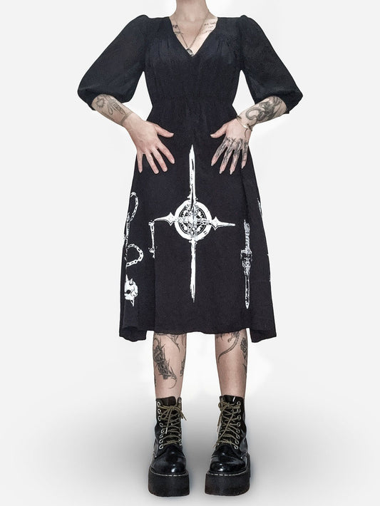 Gothic Occult Symbol Print Midi Dress