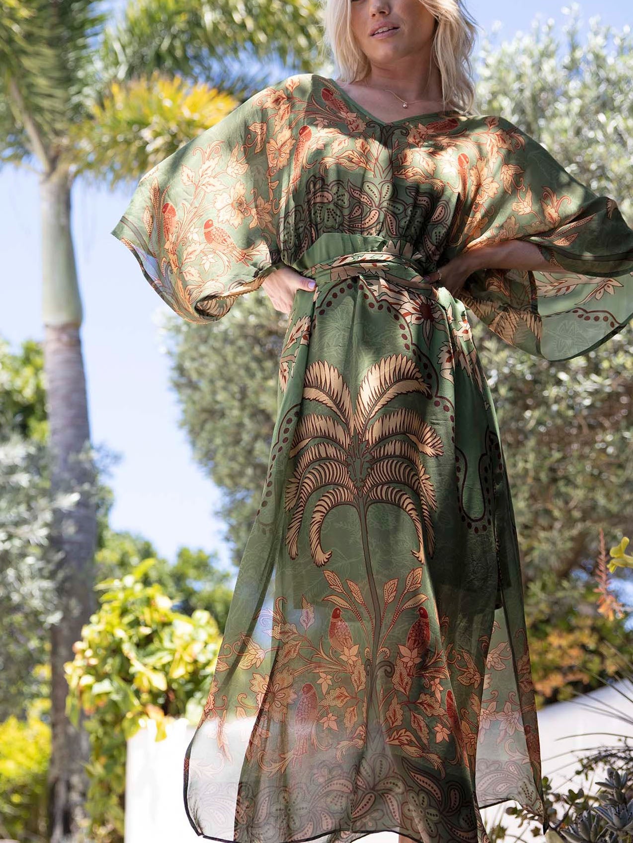Tropical Bird & Floral Chiffon Maxi Dress