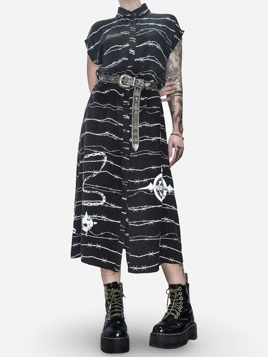 Gothic Barbed Wire Print Midi Shirt Dress