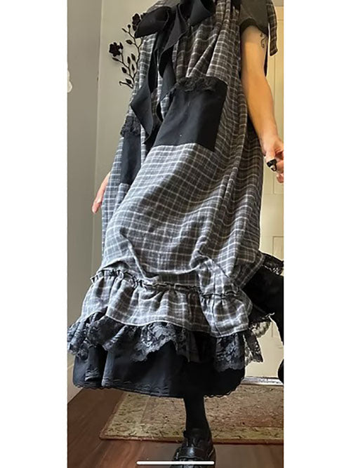 Gray Plaid Flannel Ruffly Bowtie Babydoll Overalls