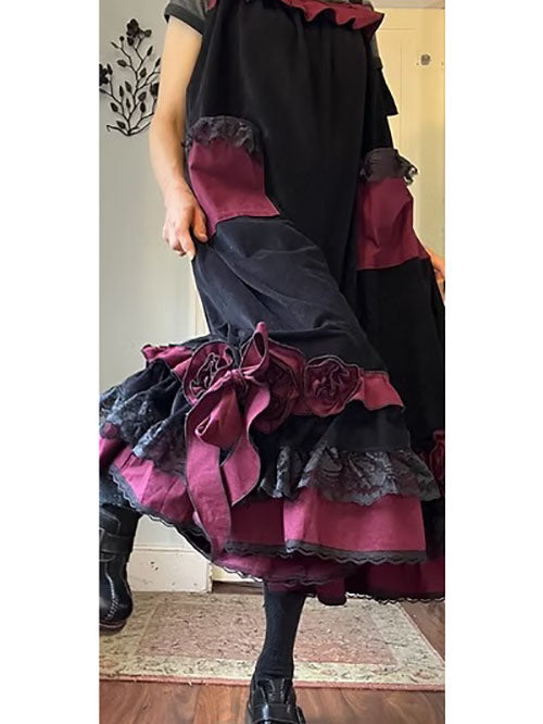 Black Velvety Corduroy/Red Bows and Roses Babydoll Overalls