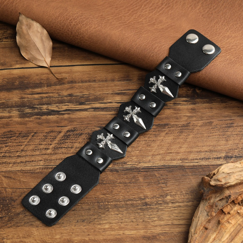 Gothic Cross Dagger Leather Cuff Bracelet
