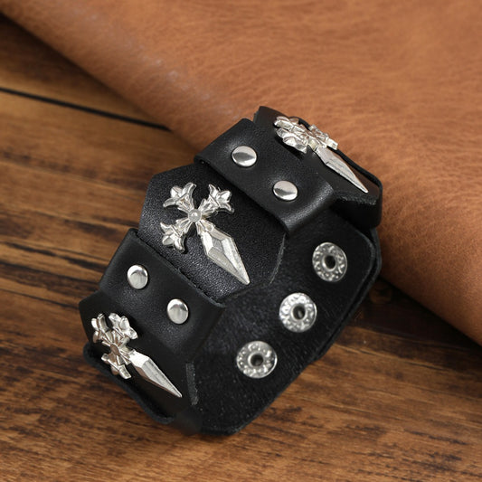 Gothic Cross Dagger Leather Cuff Bracelet
