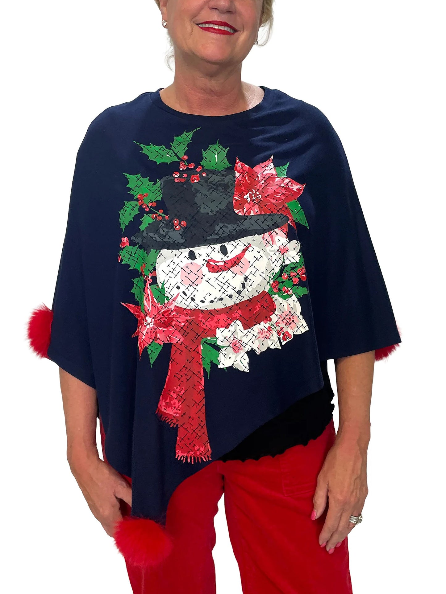 Snowman with Pointsettias Poncho T-Shirt