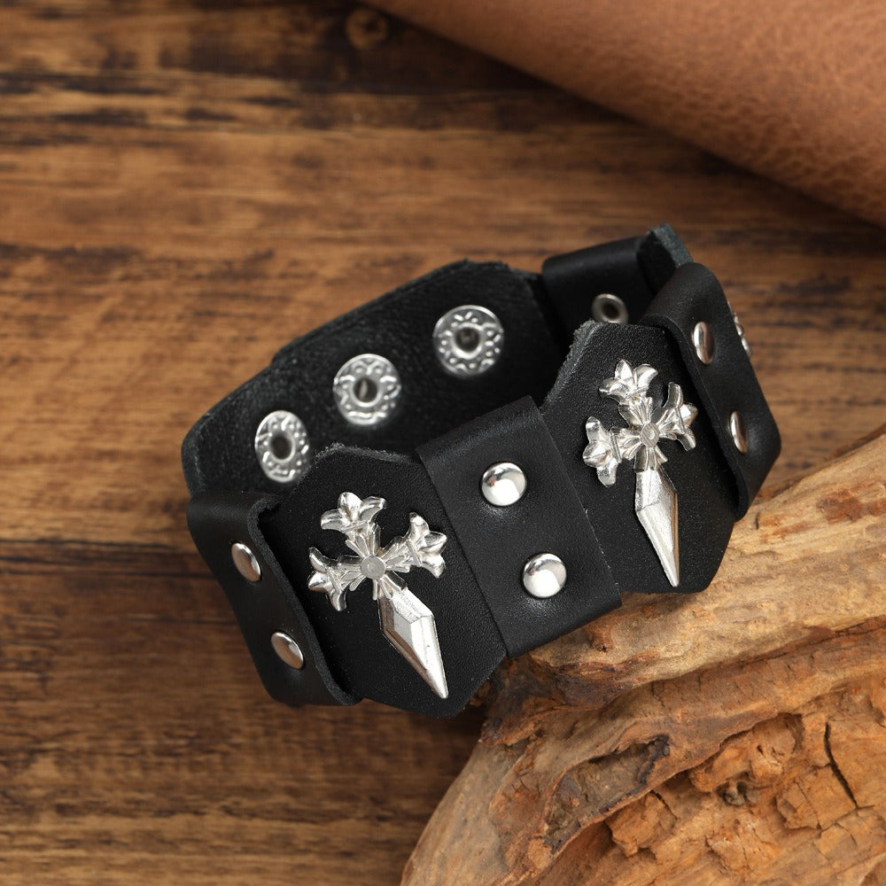 Gothic Cross Dagger Leather Cuff Bracelet