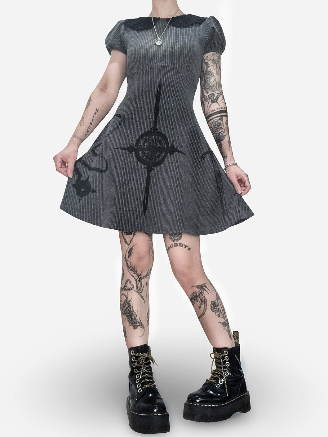 Gothic Medieval Weapon Print Ribbed Mini Dress