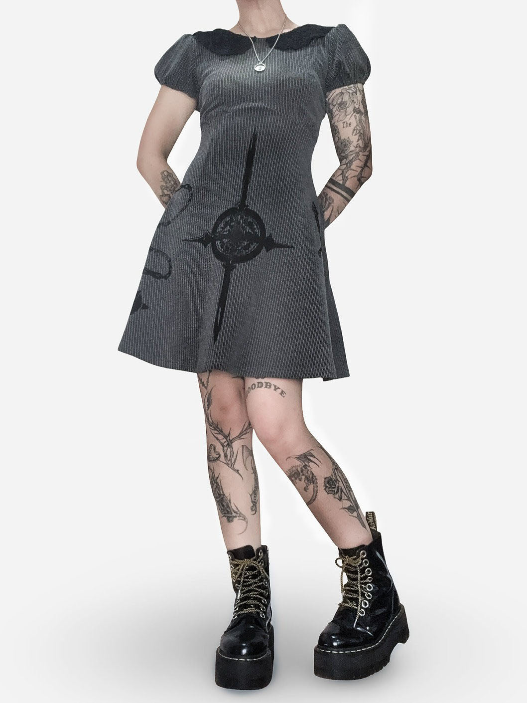 Gothic Medieval Weapon Print Ribbed Mini Dress