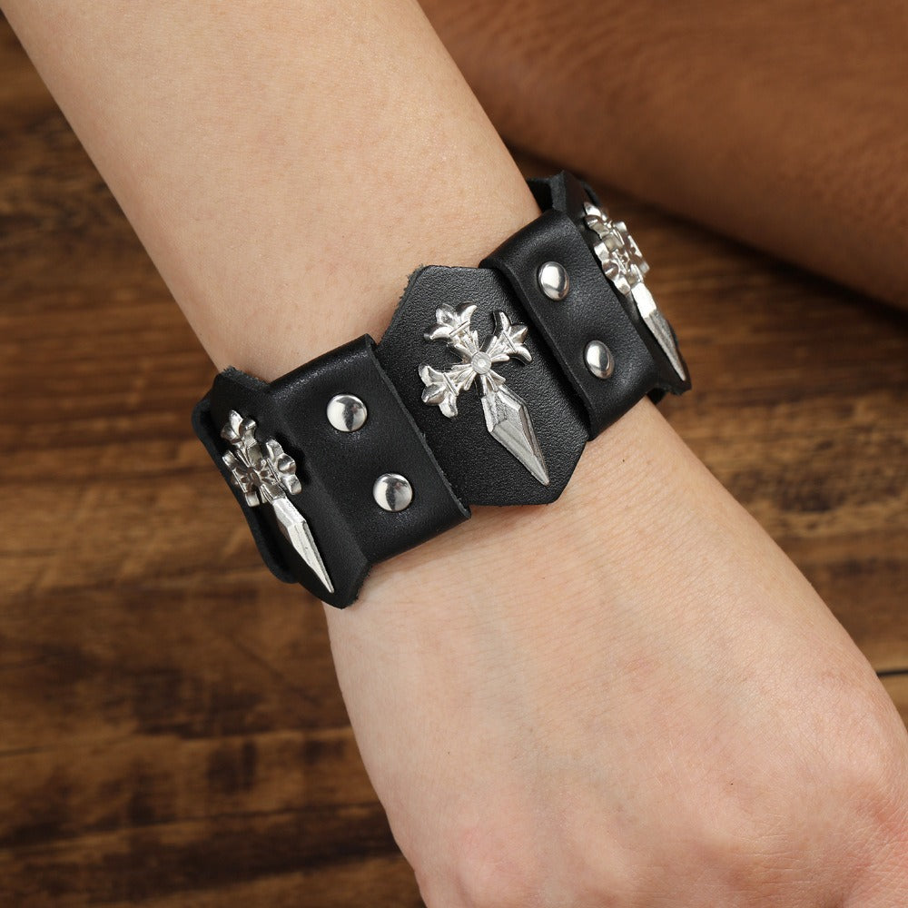 Gothic Cross Dagger Leather Cuff Bracelet