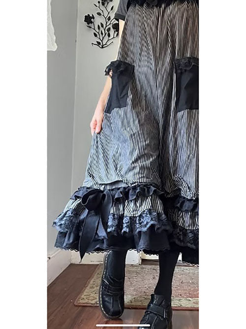 Black Pinstripe Ruffly Bowtie Babydoll Overalls